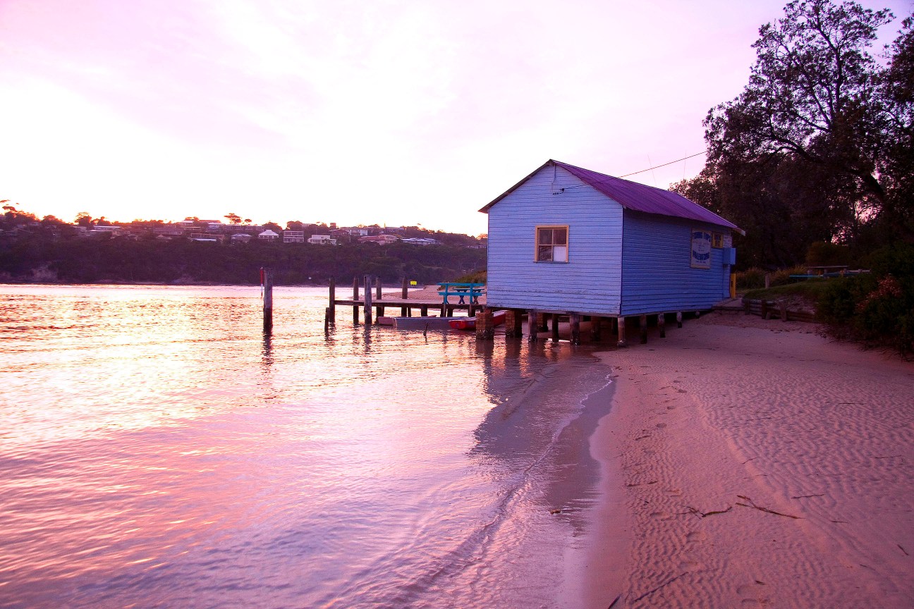 Boatshed Merimbula River mouth at dawn
