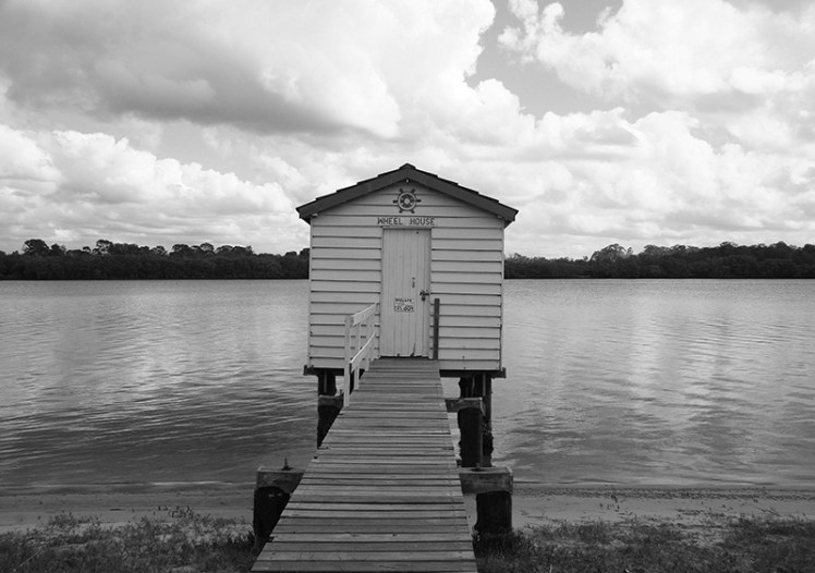 Boat shed Maroochydore River in black and white